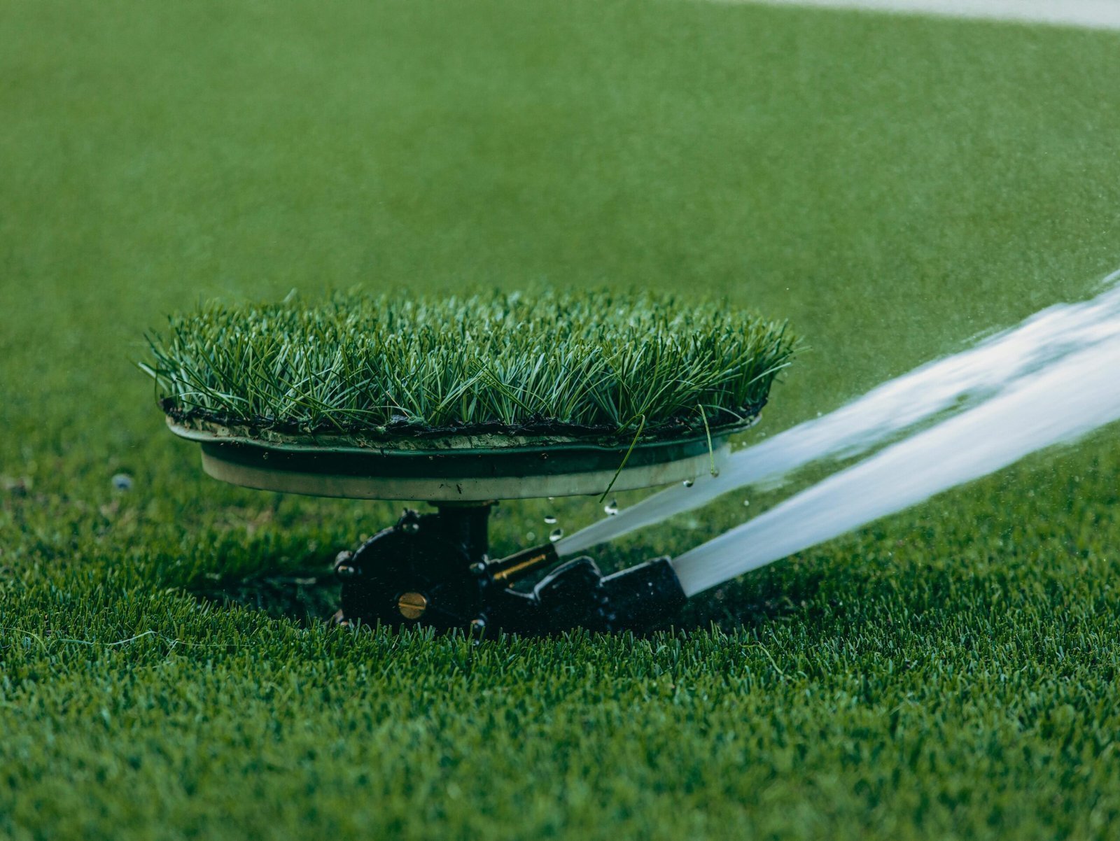 A close-up of an automated lawn sprinkler in action, showcasing efficient water usage on lush grass.
